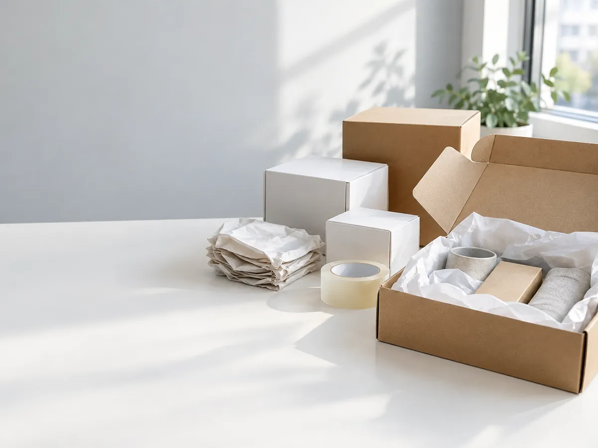 無地の箱と梱包材を用意した出荷準備のイメージ